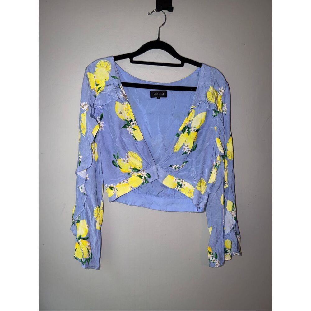 Majorelle Devon v neck crop blouse top in blue lemon print long sleeve